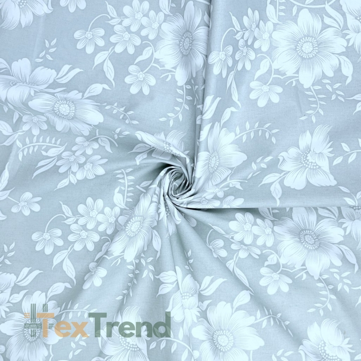 Baumwolle 100% weiße Blumen auf hellgrauem Hintergrund  