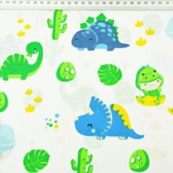 Baumwolle 100% Baby-Dinosaurier grün-blau auf weißem Hintergrund  