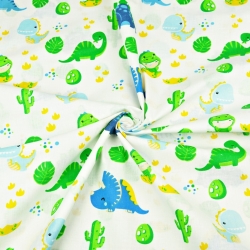 Baumwolle 100% Baby-Dinosaurier grün-blau auf weißem Hintergrund  