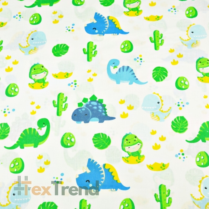 Baumwolle 100% Baby-Dinosaurier grün-blau auf weißem Hintergrund  
