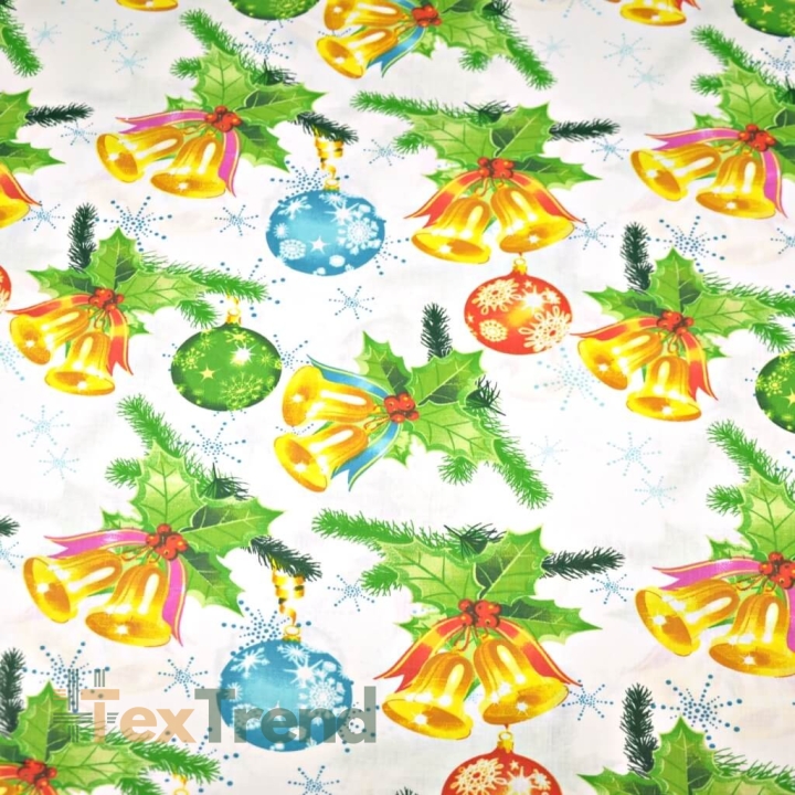 Baumwolle 100% Weihnachtsmuster bunte Glöckchen auf weißem Hintergrund  