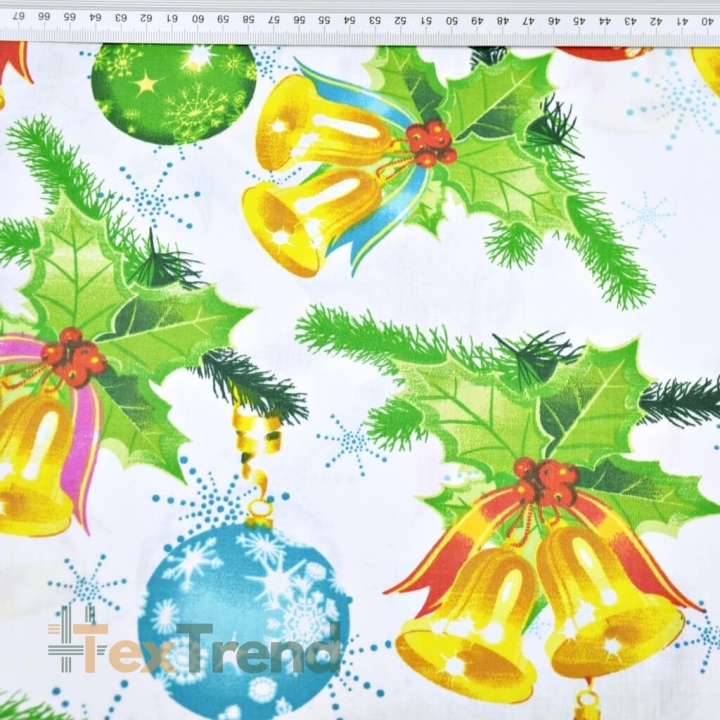 Baumwolle 100% Weihnachtsmuster bunte Glöckchen auf weißem Hintergrund  