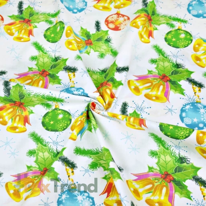 Baumwolle 100% Weihnachtsmuster bunte Glöckchen auf weißem Hintergrund  