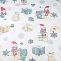 Baumwolle 100% Weihnachtsmuster Wichtel mit Briefen und Geschenken auf weißem Hintergrund  