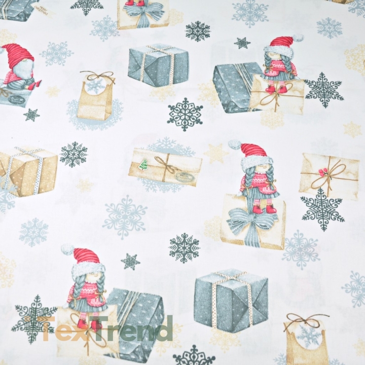 Baumwolle 100% Weihnachtsmuster Wichtel mit Briefen und Geschenken auf weißem Hintergrund  