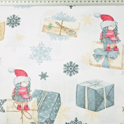 Baumwolle 100% Weihnachtsmuster Wichtel mit Briefen und Geschenken auf weißem Hintergrund  