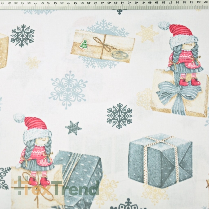 Baumwolle 100% Weihnachtsmuster Wichtel mit Briefen und Geschenken auf weißem Hintergrund  