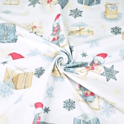 Baumwolle 100% Weihnachtsmuster Wichtel mit Briefen und Geschenken auf weißem Hintergrund  