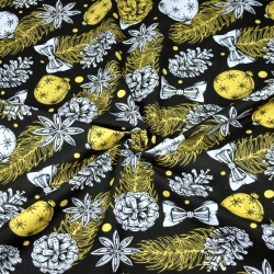 Baumwolle 100% Weihnachtsmuster Kugeln und Tannenzapfen auf schwarzem Hintergrund  