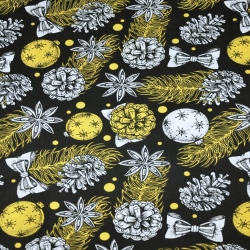 Baumwolle 100% Weihnachtsmuster Kugeln und Tannenzapfen auf schwarzem Hintergrund  