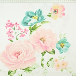 Baumwolle 100% Blumen rosa-türkisfarbene Rosen auf weißem Hintergrund  