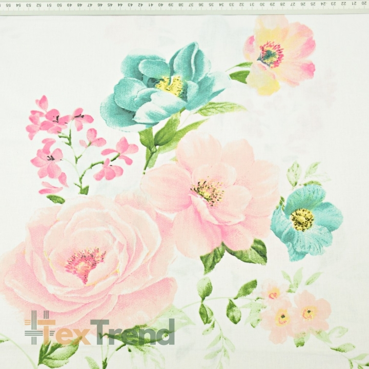Baumwolle 100% Blumen rosa-türkisfarbene Rosen auf weißem Hintergrund  