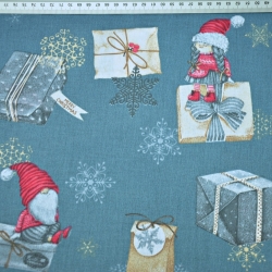 Baumwolle 100% Weihnachtsmuster Wichtel mit Briefen und Geschenken auf schmutzig-blauem Hintergrund  