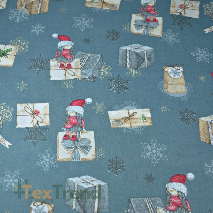 Baumwolle 100% Weihnachtsmuster Wichtel mit Briefen und Geschenken auf schmutzig-blauem Hintergrund  