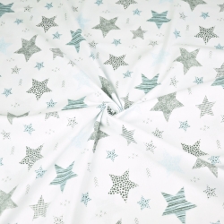 Baumwolle 100% gemusterte Sterne blau-grau auf weißem Hintergrund  