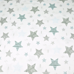 Baumwolle 100% gemusterte Sterne blau-grau auf weißem Hintergrund  