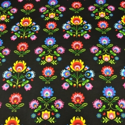 Baumwolle 100% Łowicz Muster in Reihen auf schwarzem Hintergrund  