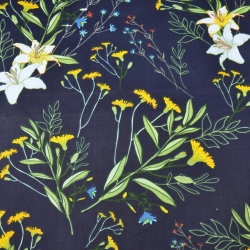 Baumwolle 100% Blumen Zweige mit Lilien auf dunkelblauem Hintergrund  