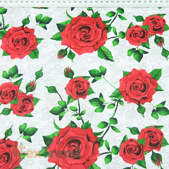 Baumwolle 100% Blumen rote Rosen auf weißem Hintergrund  