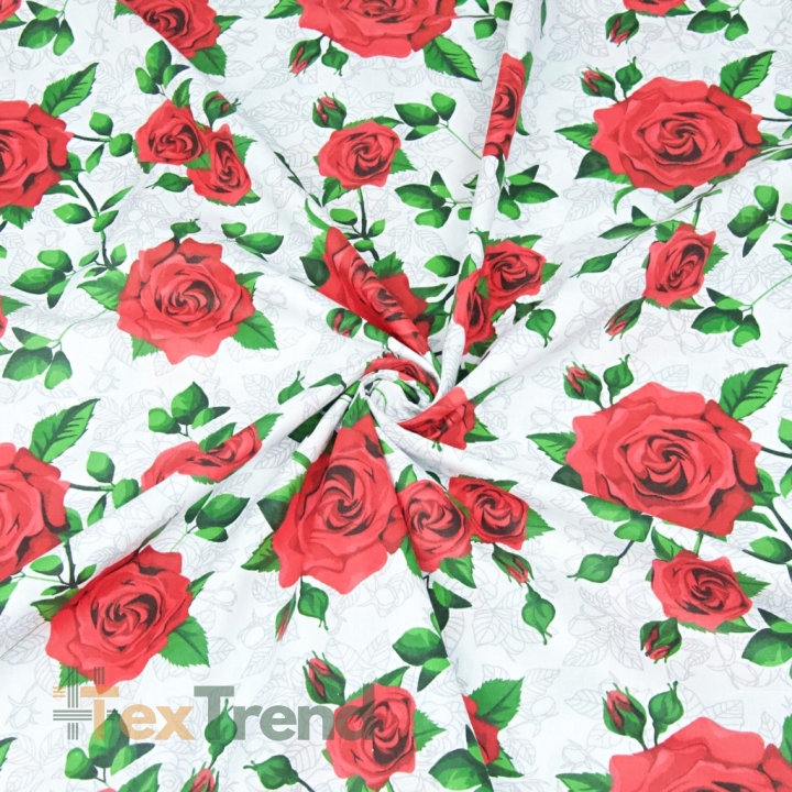 Baumwolle 100% Blumen rote Rosen auf weißem Hintergrund  
