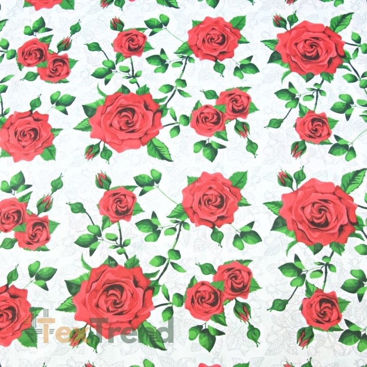 Baumwolle 100% Blumen rote Rosen auf weißem Hintergrund  