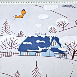 Baumwolle 100% Füchse im Winter mit blauen Häusern auf grauem Hintergrund  