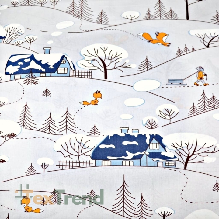 Baumwolle 100% Füchse im Winter mit blauen Häusern auf grauem Hintergrund  