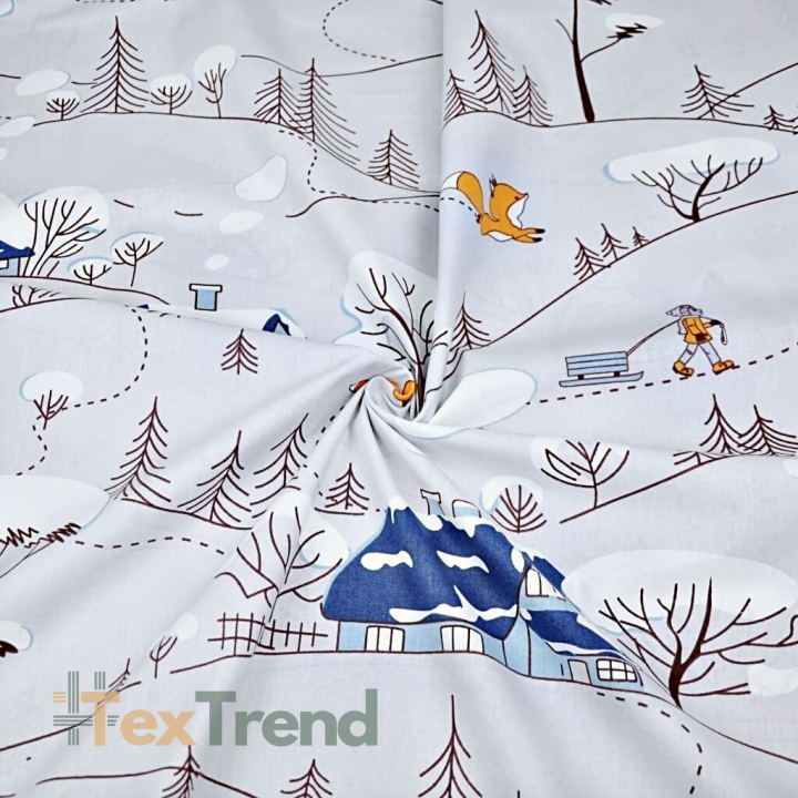 Baumwolle 100% Füchse im Winter mit blauen Häusern auf grauem Hintergrund  