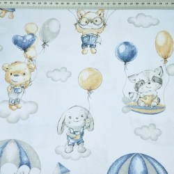 Baumwolle 100% Kuscheltiere mit Fallschirmen beige-blau auf hellgrau-blauem Hintergrund  