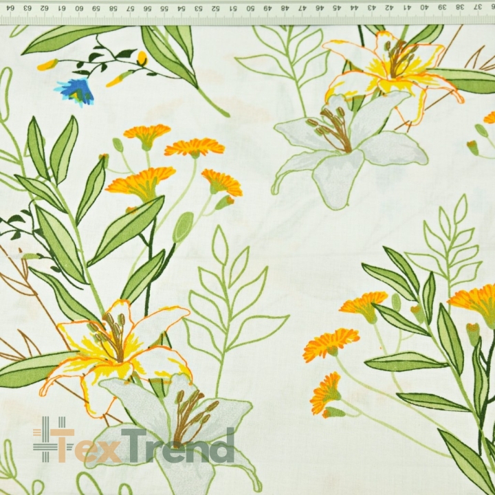 Baumwolle 100% Blumen Zweige mit Lilien auf weißem Hintergrund  