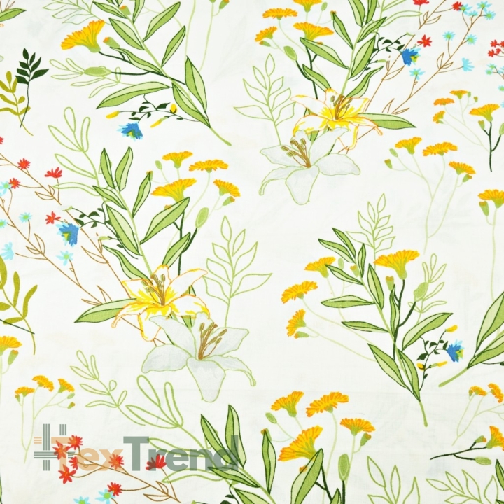 Baumwolle 100% Blumen Zweige mit Lilien auf weißem Hintergrund  