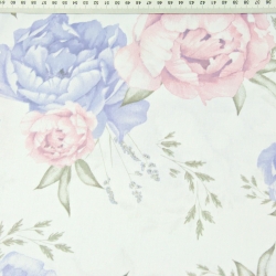 Baumwolle 100% Blumen Pfingstrosen lila-rosa auf weißem Hintergrund  