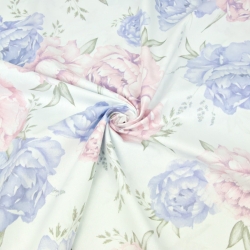 Baumwolle 100% Blumen Pfingstrosen lila-rosa auf weißem Hintergrund  