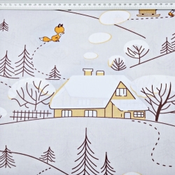 Baumwolle 100% Füchse im Winter mit orangefarbenen Häusern auf grauem Hintergrund  