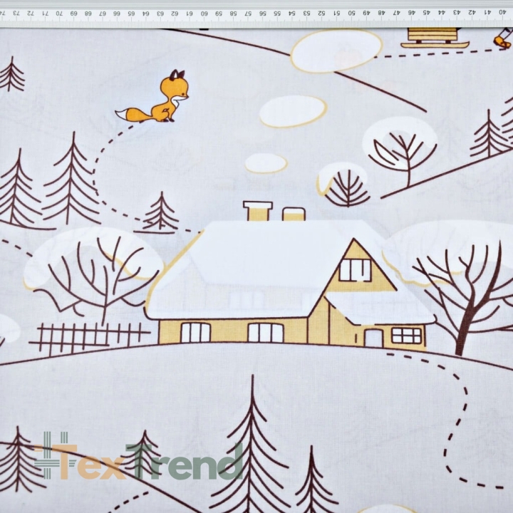 Baumwolle 100% Füchse im Winter mit orangefarbenen Häusern auf grauem Hintergrund  