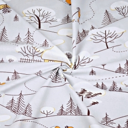 Baumwolle 100% Füchse im Winter mit orangefarbenen Häusern auf grauem Hintergrund  