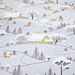 Baumwolle 100% Füchse im Winter mit orangefarbenen Häusern auf grauem Hintergrund  