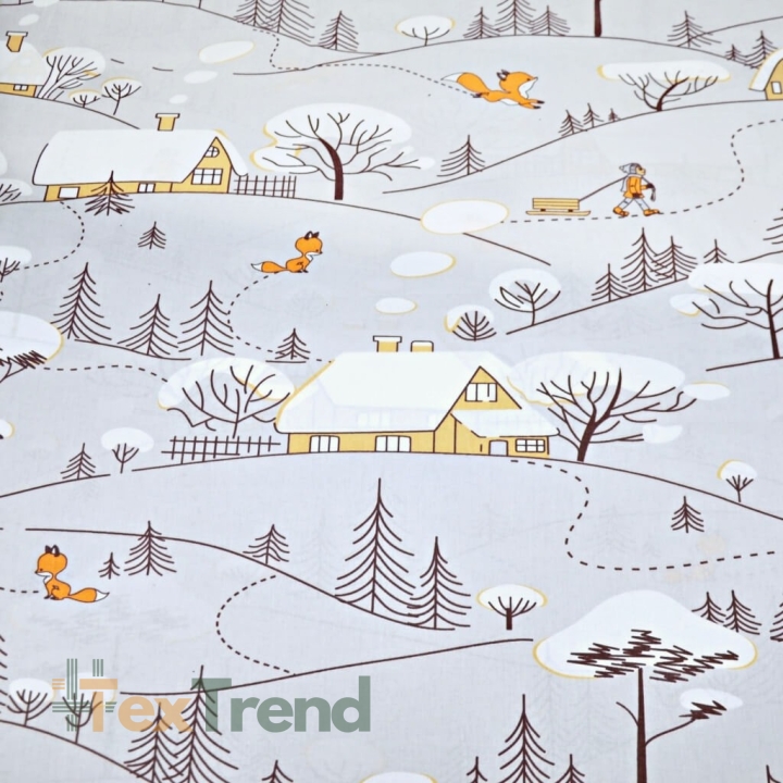 Baumwolle 100% Füchse im Winter mit orangefarbenen Häusern auf grauem Hintergrund  