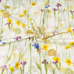 Baumwolle 100% Blumen Kornblumen und Sumpfdotterblumen auf ecrufarbenem Hintergrund  