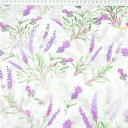 Baumwolle 100% Lavendelblumen mit Zweigen auf weiß-grauem Hintergrund - 220cm  