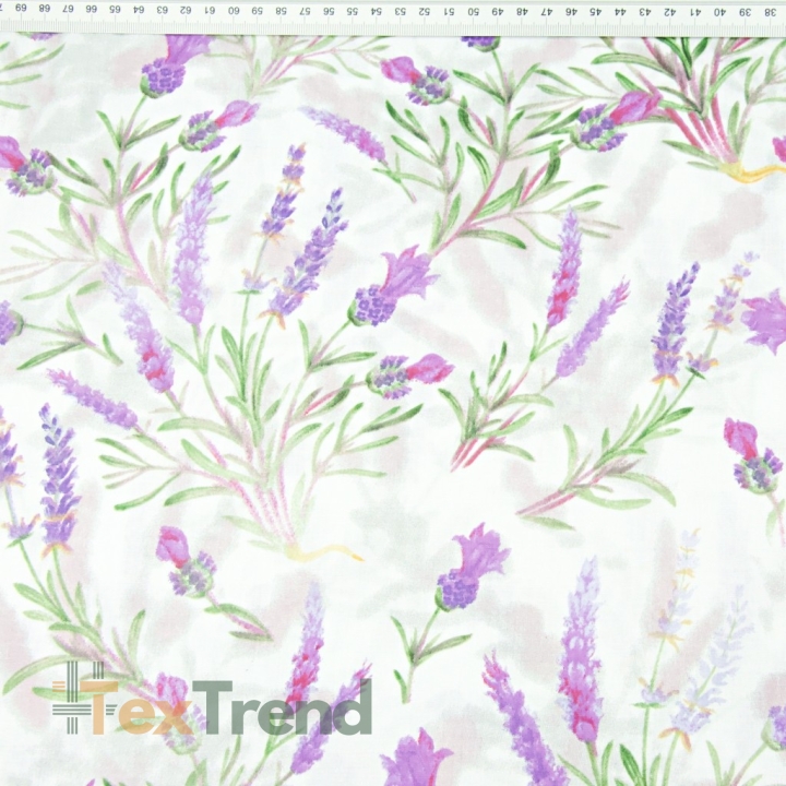 Baumwolle 100% Lavendelblumen mit Zweigen auf weiß-grauem Hintergrund - 220cm  
