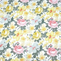 Baumwolle 100% Blumen Rosen und Hibiskus gelb-rosa-grau auf weißem Hintergrund  