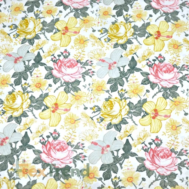 Baumwolle 100% Blumen Rosen und Hibiskus gelb-rosa-grau auf weißem Hintergrund  