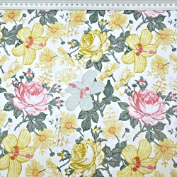 Baumwolle 100% Blumen Rosen und Hibiskus gelb-rosa-grau auf weißem Hintergrund  
