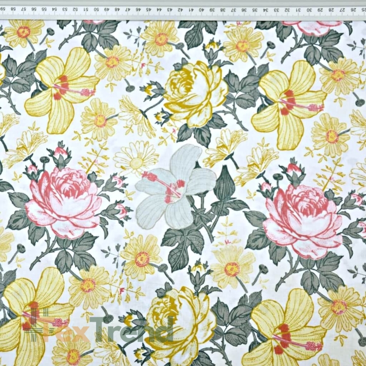 Baumwolle 100% Blumen Rosen und Hibiskus gelb-rosa-grau auf weißem Hintergrund  