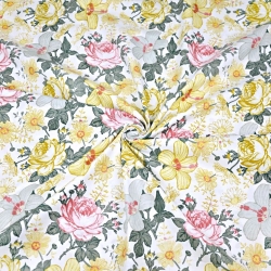 Baumwolle 100% Blumen Rosen und Hibiskus gelb-rosa-grau auf weißem Hintergrund  