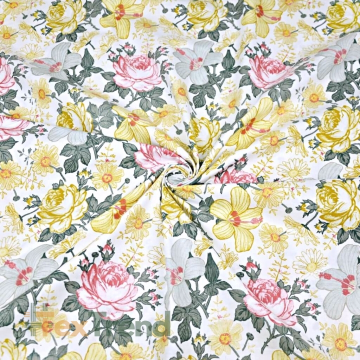 Baumwolle 100% Blumen Rosen und Hibiskus gelb-rosa-grau auf weißem Hintergrund  