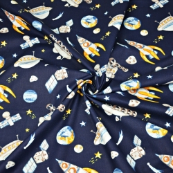 Baumwolle 100% kleiner Weltraum orange-blau auf marineblauem Hintergrund  