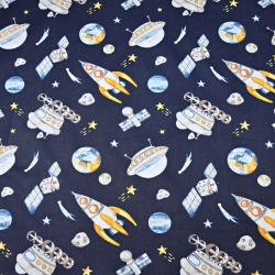 Baumwolle 100% kleiner Weltraum orange-blau auf marineblauem Hintergrund  