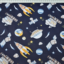 Baumwolle 100% kleiner Weltraum orange-blau auf marineblauem Hintergrund  